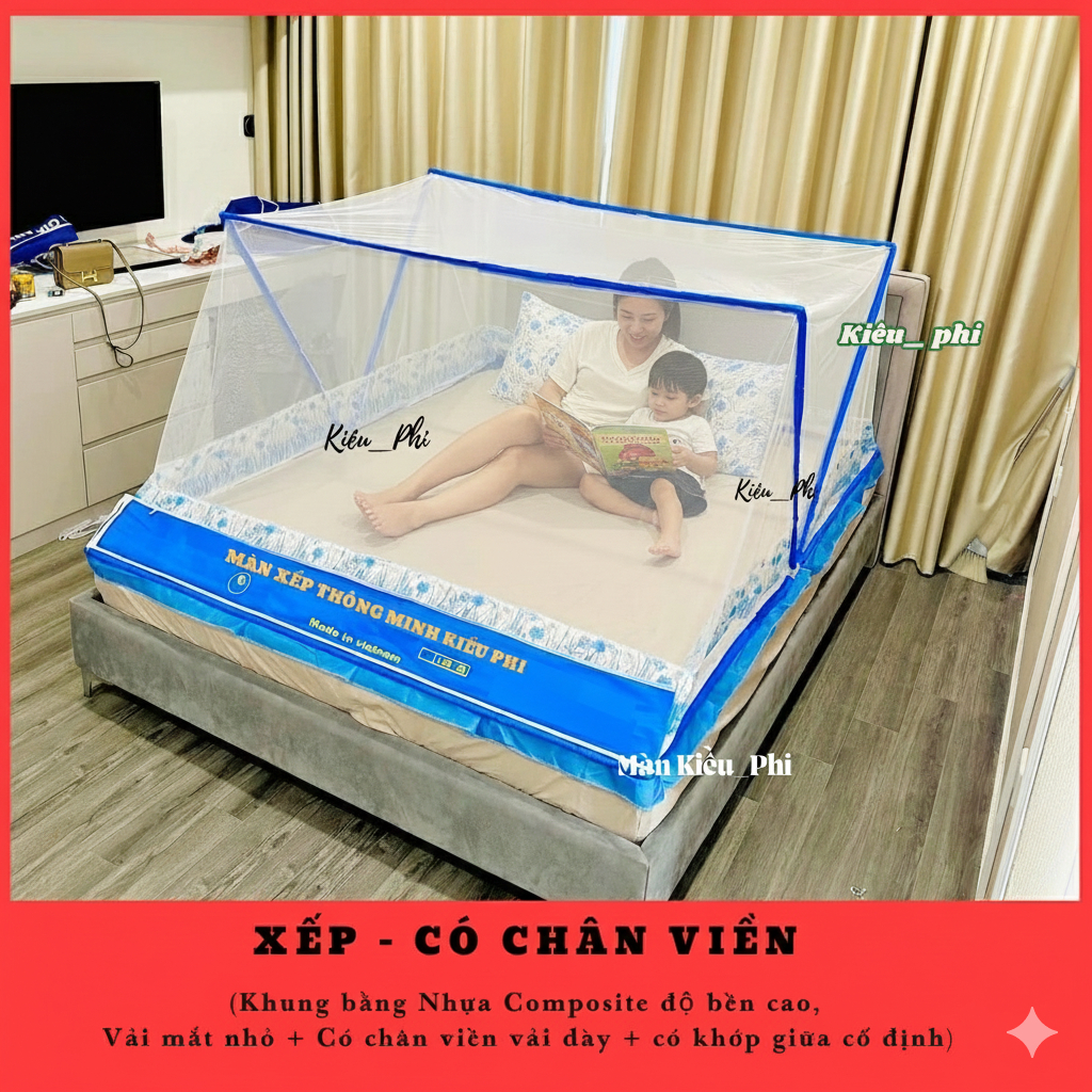 Màn xếp thông minh gấp gọn có chân viền Kiều Phi - mùng ngủ chống muỗi tự bung cho người lớn cao cấp