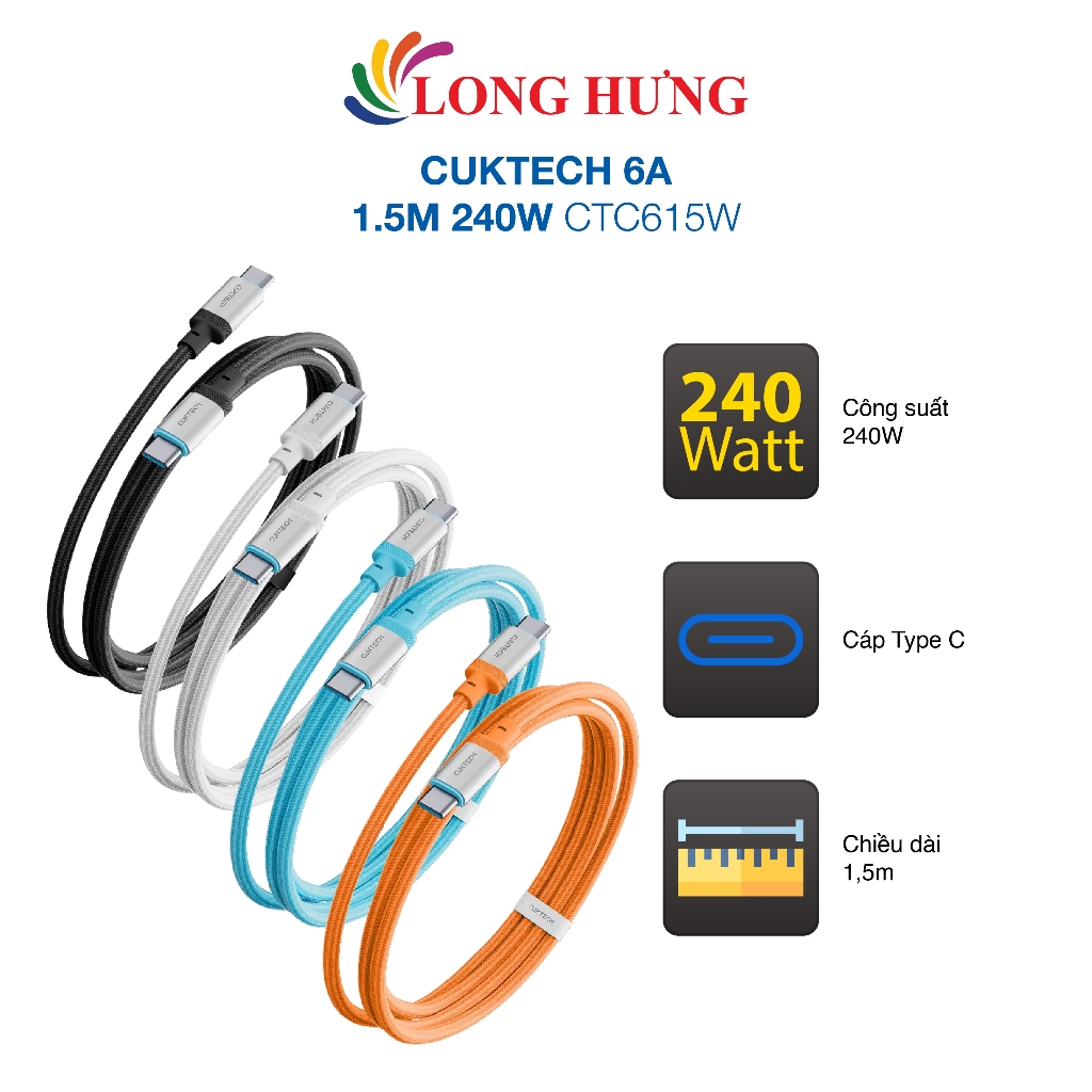 Cáp USB Type-C to Type-C Cuktech 6A 1.5m 240W CTC615W - Hàng chính hãng