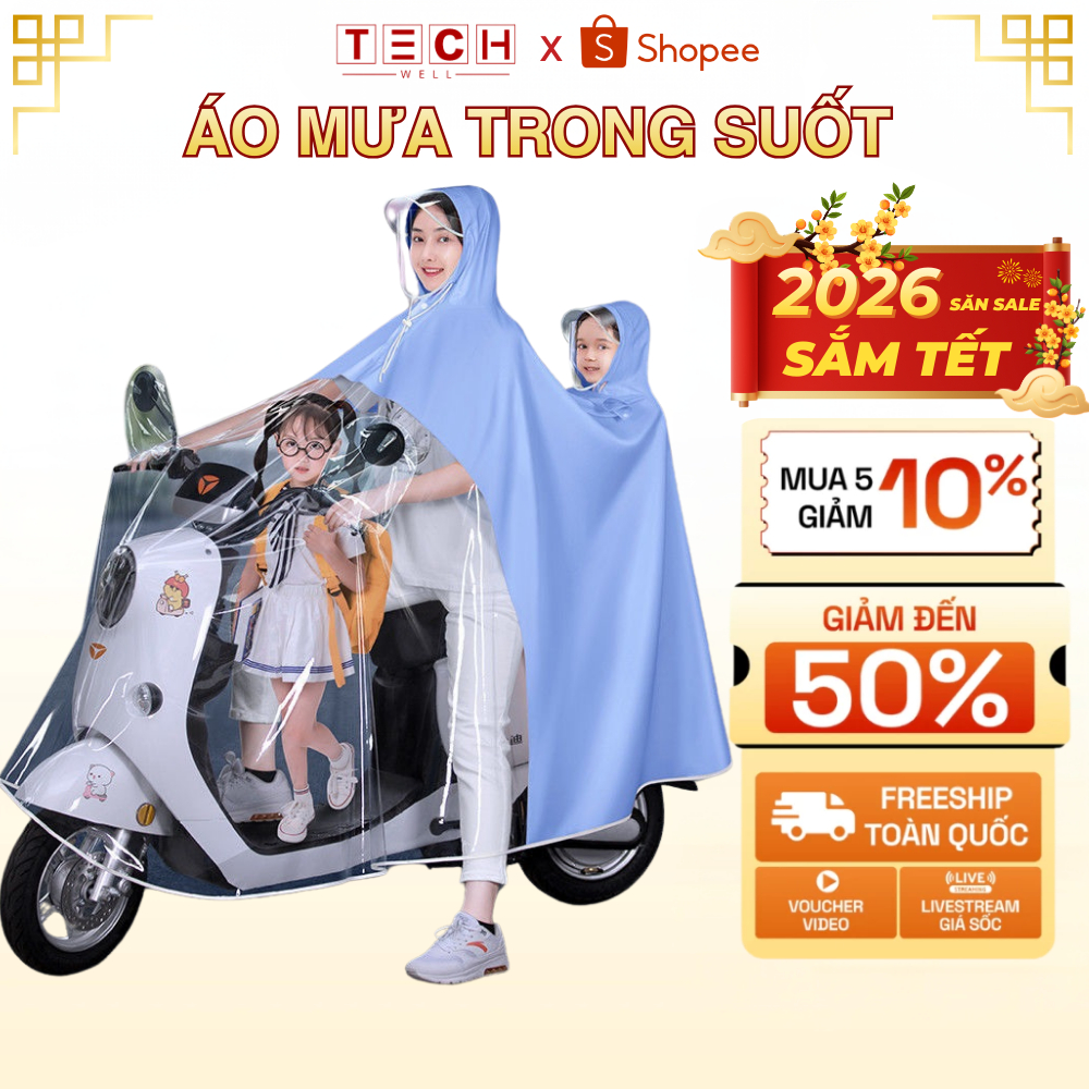Áo Mưa 2 Đầu Áo Mưa Mẹ và Bé Nửa Trước Trong Suốt Chống Thấm Chống Trượt Kèm Kính Chắn Mưa