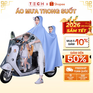 Áo Mưa 2 Đầu Áo Mưa Mẹ và Bé Nửa Trước Trong Suốt Chống Thấm Chống Trượt Kèm Kính Chắn Mưa