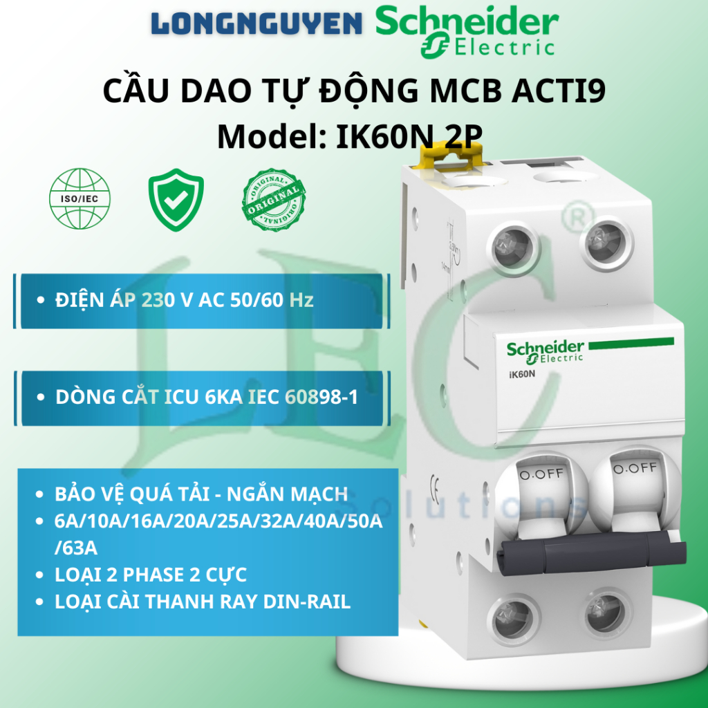 Aptomat MCB Schneider iK60N 2P 6A/10A/16A/20A/25A/32A/40A/50A/63A 6kA chính hãng