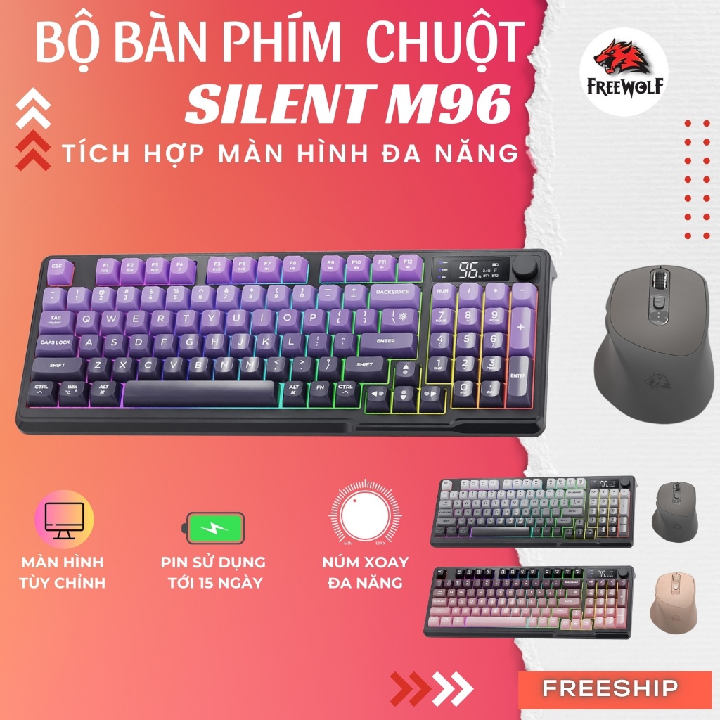 Bộ Bàn Phím Không Dây Free Wolf M96 + Chuột X7 - Núm Xoay Media, Màn Hình Điểu Khiển, Pin Trâu