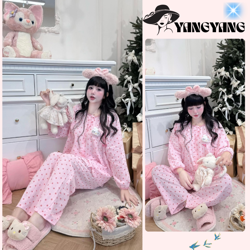 Set Đồ Ngủ Nữ Chấm Bi Cute, Pyjama Nữ Tay Dài Quần Dài Mặc Nhà Thoải Mái HCOM26899