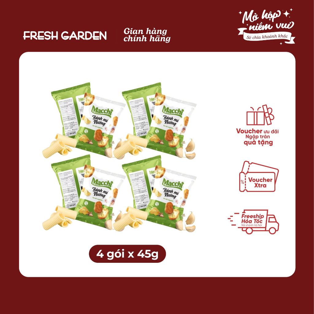  Bánh mì nướng Macchi vị Bơ tỏi dinh dưỡng ăn vặt ăn nhẹ không chiên qua dầu giòn rụm 45g gói 