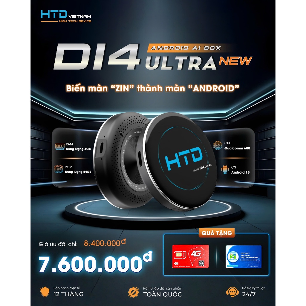 Android box giữ zin màn hình ô tô - D14 Ultra HTD tặng kèm Bơm P23, VM Live, Sim 4G