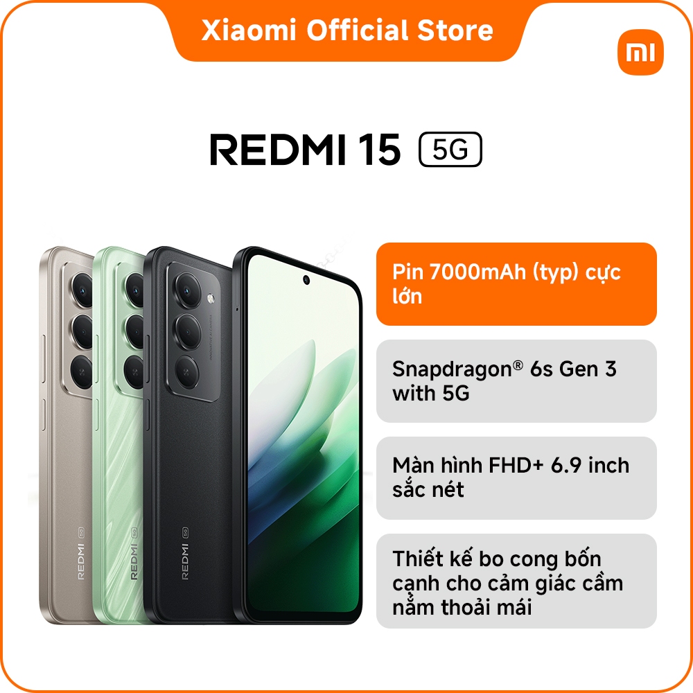 Redmi 15 5G (4+128GB|8+256GB) |Pin 7000mAh (typ) cực lớn|Snapdragon® 6s Gen 3 with 5G|Màn hình FHD+ 6.9 inch sắc nét | BigBuy360 - bigbuy360.vn