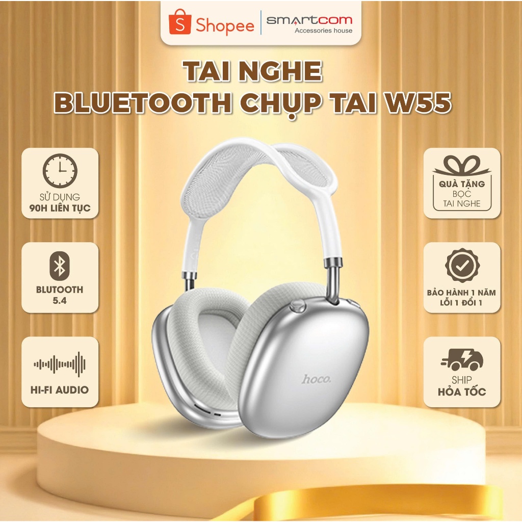 [Tặng bọc da] Tai nghe bluetooth HOCO W55 pin 90 tiếng siêu bền, bản base, plus chống ồn ANC