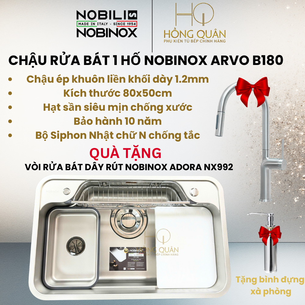Chậu rửa 1 hố chống xước Nobinox ARVO B180 CHÍNH HÃNG NOBINOX.