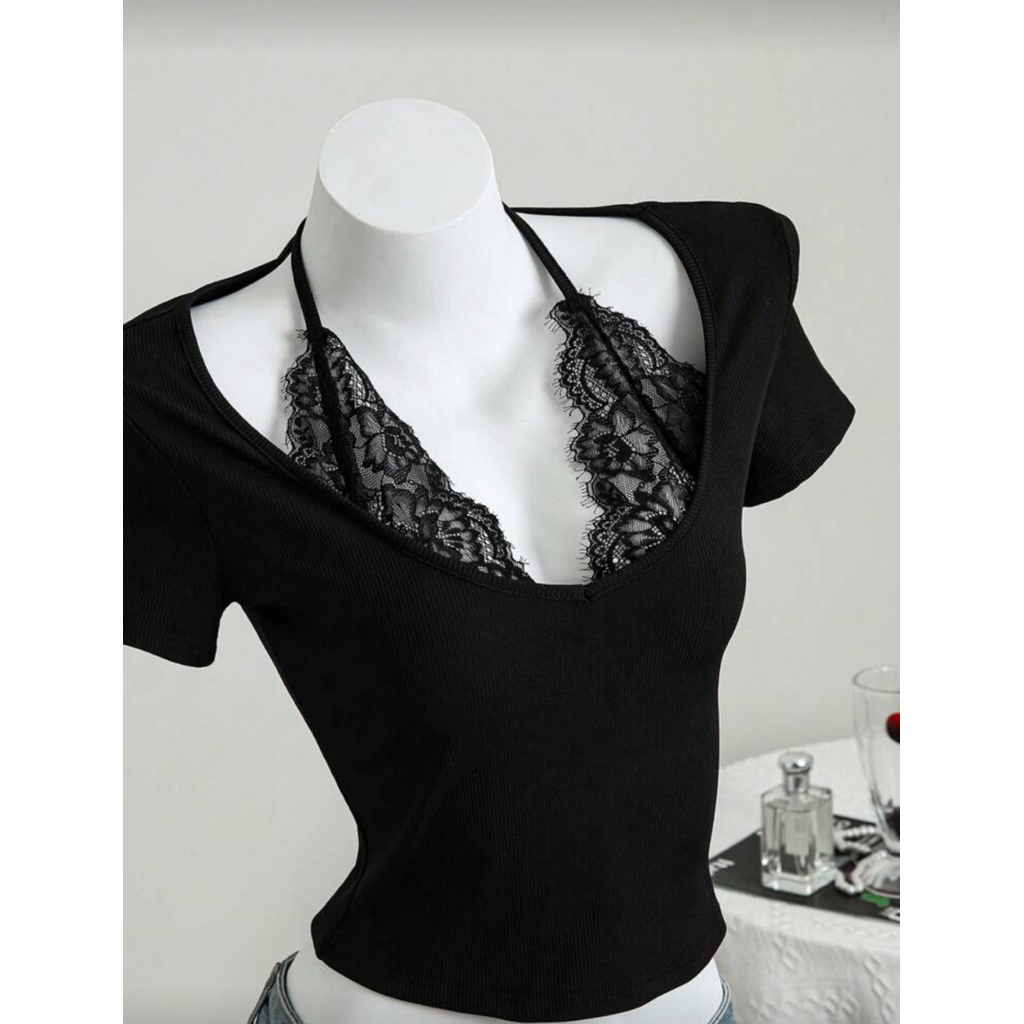 [ Pre - Order ] Elamini 1pc Women's Lace Patchwork Deep V-Neck Halter Tie Short Sleeve Cropped T-Shi