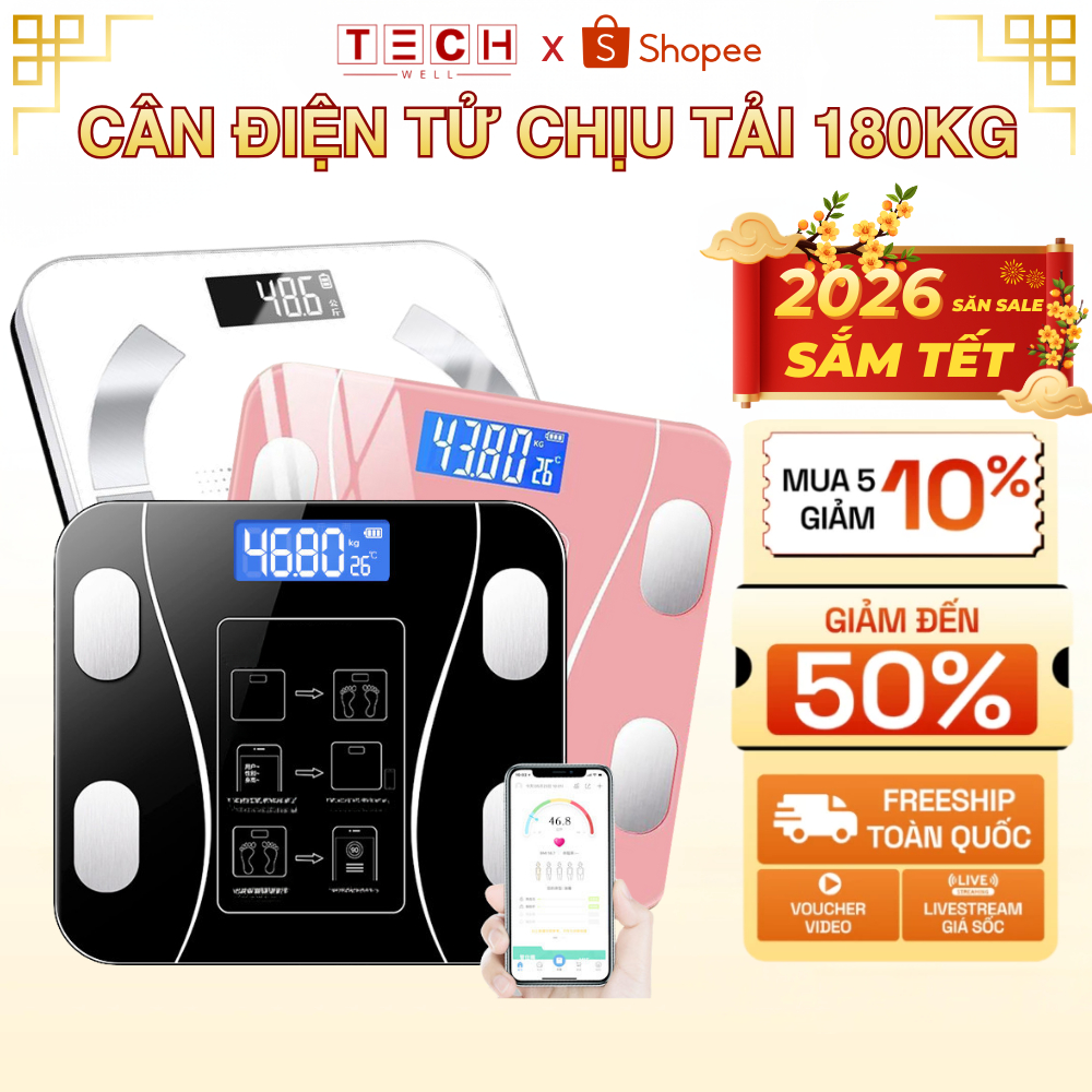 Cân Điện Tử Kết Nối Bluetooth Phân Tích Chỉ Số Cơ Thể, Trọng Lượng Tối Đa 180kg