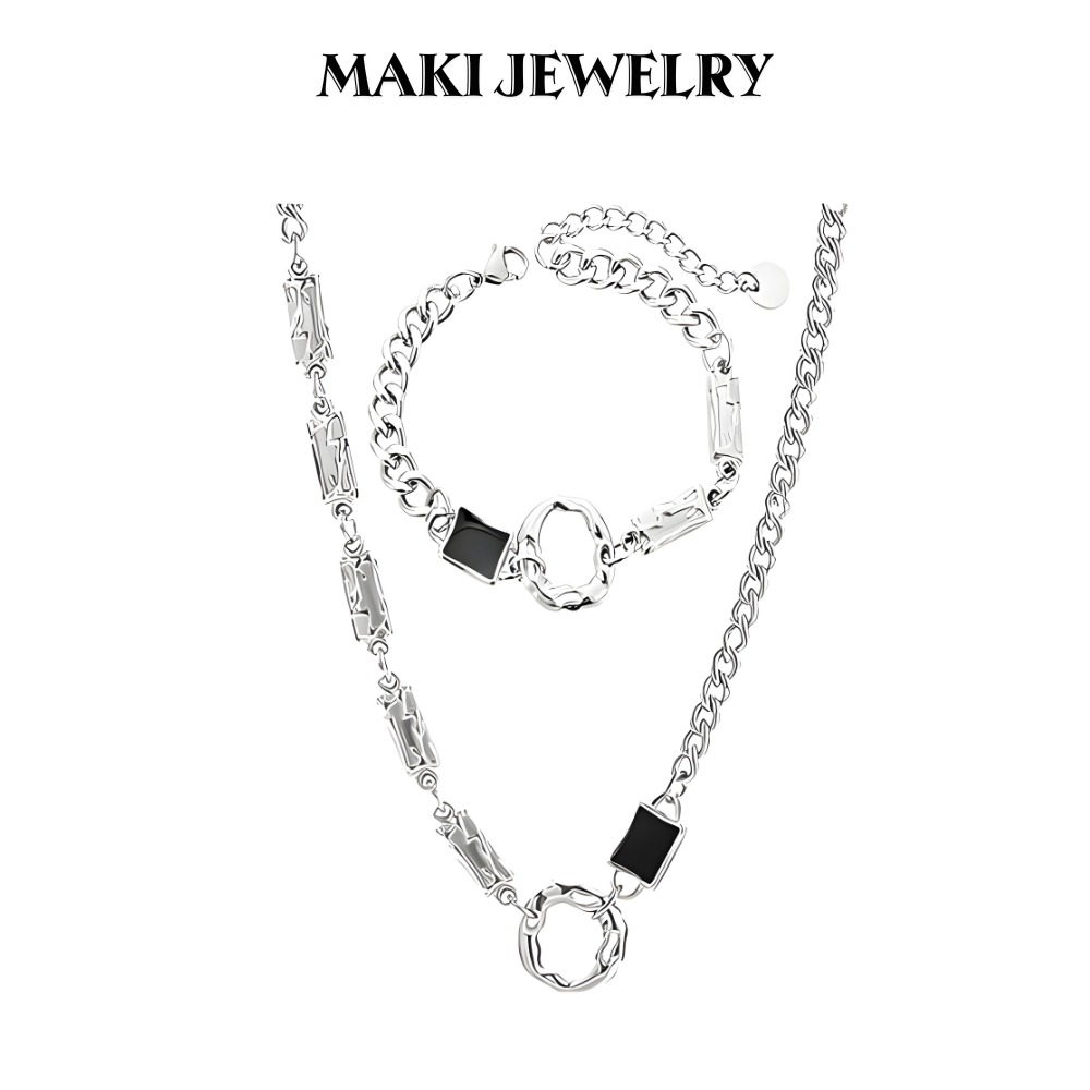 Combo Dây Chuyền & Vòng Tay Titan Đen Đính Đá Zircon – Phụ Kiện Nam Nữ Unisex Phong Cách Hiphop Cá Tính