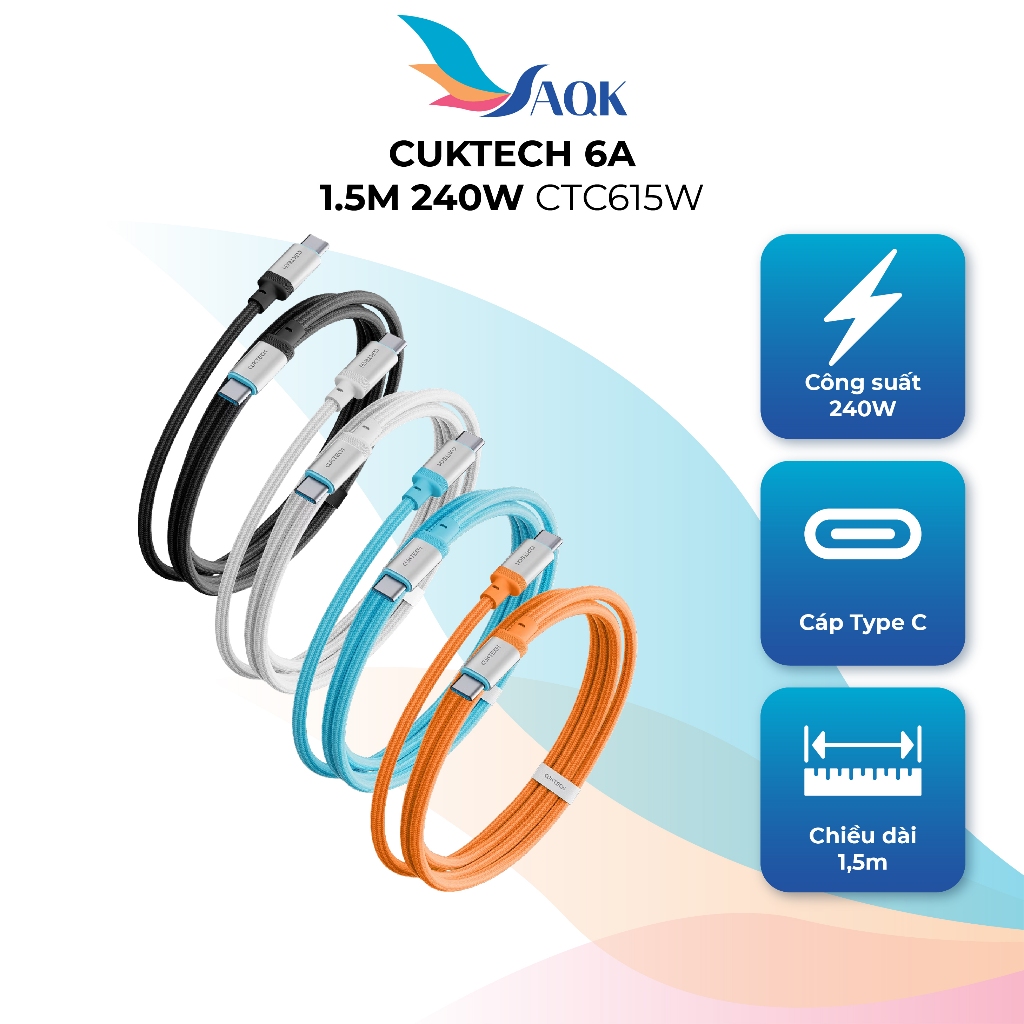 Cáp USB Type-C to Type-C Cuktech 6A 1.5m 240W CTC615W - Hàng chính hãng