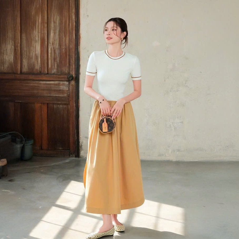 Đầm Nữ JOVEN Ginger Thun Gân Dệt Phối Tùng Váy Kaki Thân Trên Co Giãn