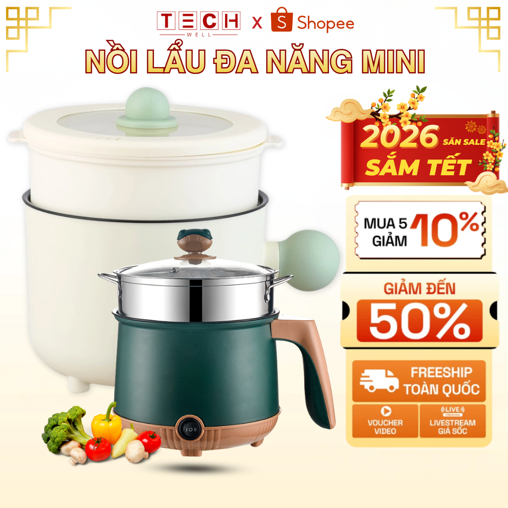 Nồi lẩu điện đa năng mini dung tích 1,8L, Ca mì mini đa năng kèm khay hấp chống dính