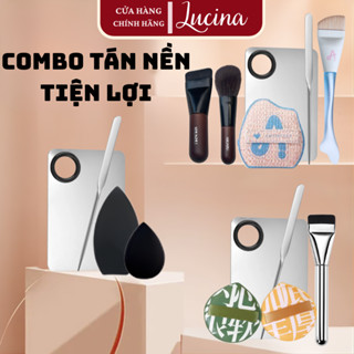   COMBO  Dụng Cụ Hỗ Trợ Đánh Nền  Khay Que Trộn Kem Set 2 Mút Tán Nền Cọ Dẹt Tán Nền  LUCINA COSMETICS 