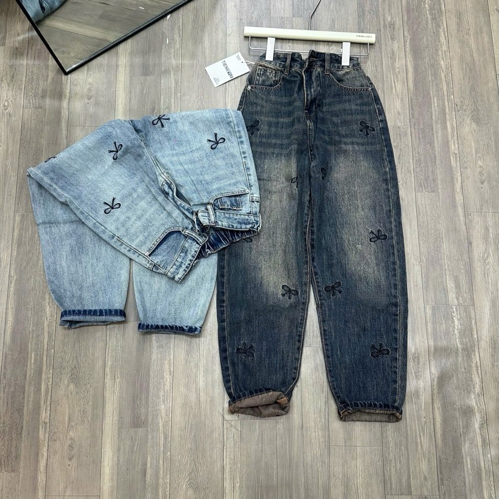  TIENSTYLE - Quần Jean Baggy Nữ Lưng Thun Thêu Nơ Chữ Baggy Jean Bigsize Thêu Nơ 