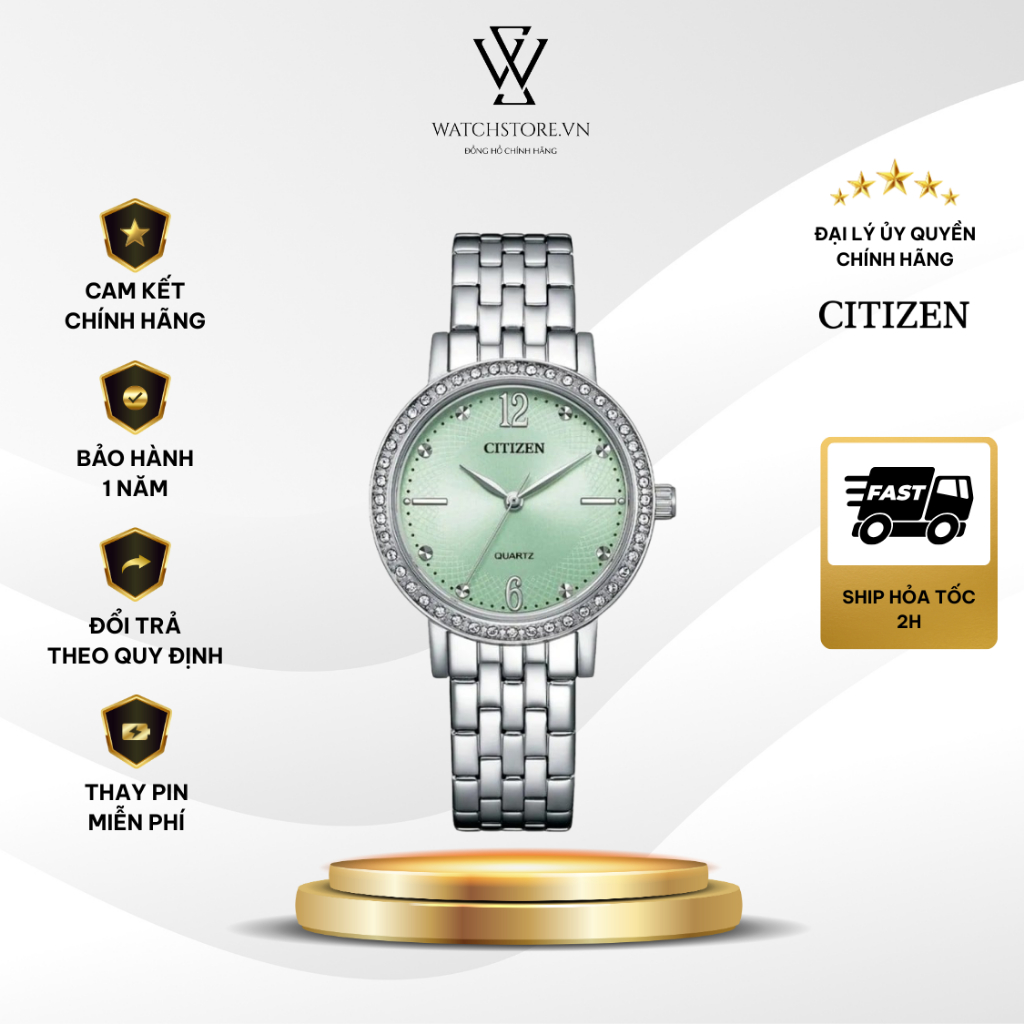 Đồng Hồ Nữ Citizen EL3100-55X Màu Xanh Đính Đá Mặt Kính Khoáng 31mm Dây Kim Loại Kháng Nước Chính Hã