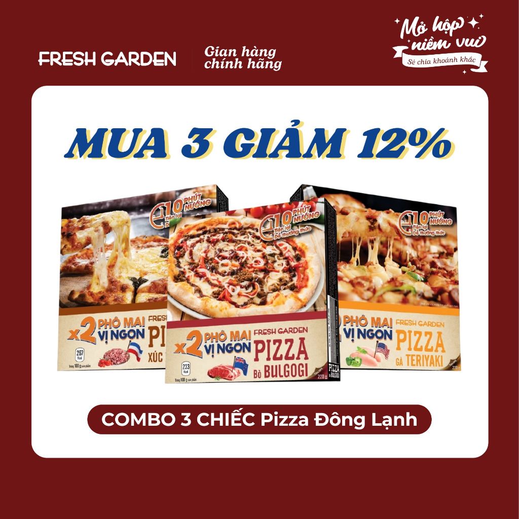 Combo 3 chiếc Pizza Đông Lạnh Fresh Garden, pizza đông lạnh, phô mai thơm ngậy, 120g, 220g