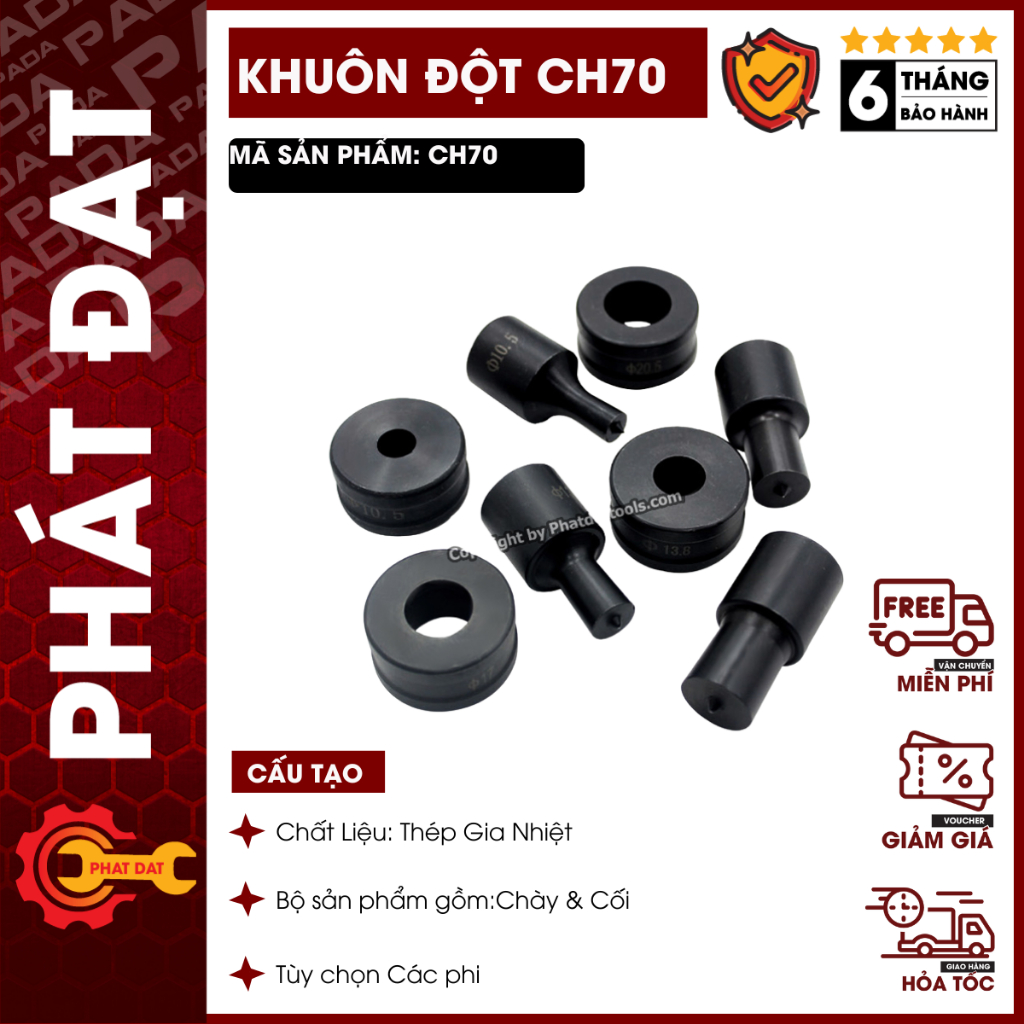 Khuôn Đột Lỗ Thủy Lực CH70-HHM70 Đủ Size-Chất Liệu Thép Nhiệt Luyện Siêu Cứng