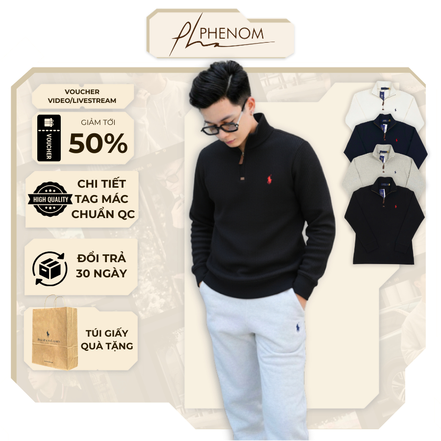 Áo Sweater Quarter-Zip Áo Nỉ Cổ Zip Ralph Lauren Thêu Ngựa Vải Nhung Tăm Dệt Kim Dày Dặn - PHENOM