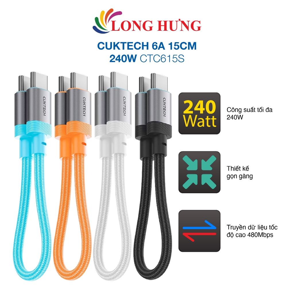 Cáp USB Type-C to Type-C Cuktech 6A 15cm 240W CTC615S - Hàng chính hãng