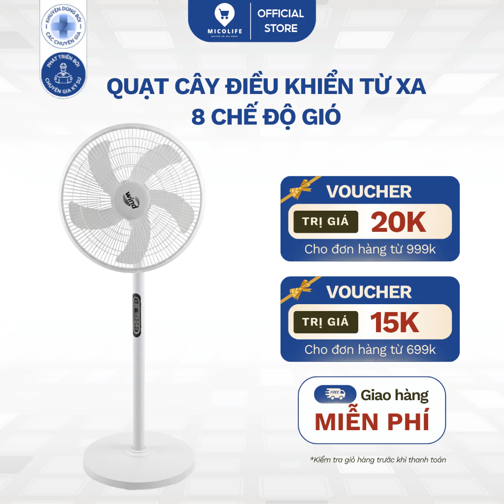 Quạt cây trắng cao cấp Micolife, 8 chế độ gió, quạt cây điều khiển từ xa thông…