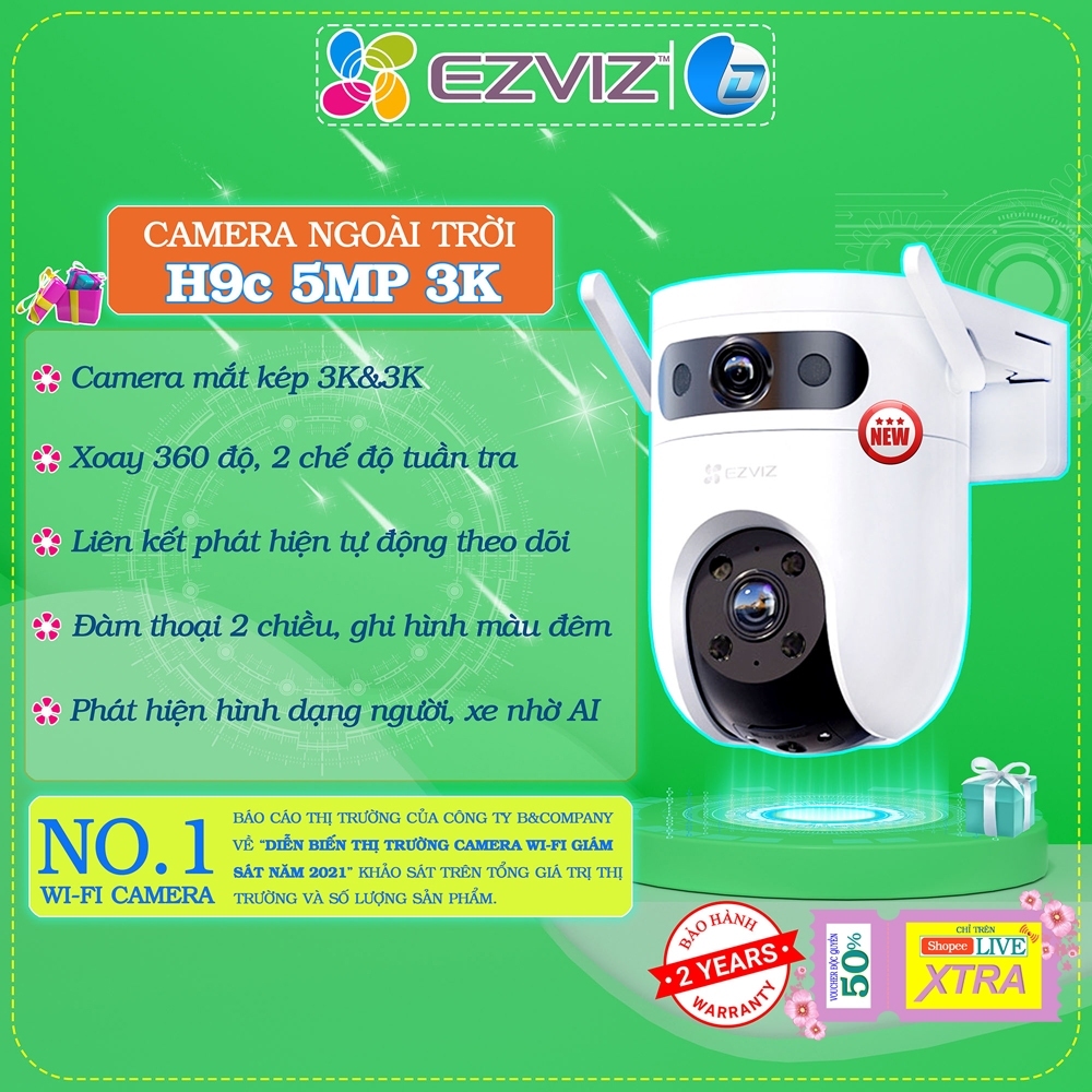 Camera wifi 2 mắt Ezviz H9C 5MP 3Kchính hãng, màu ban đêm, báo động, đàm thoại