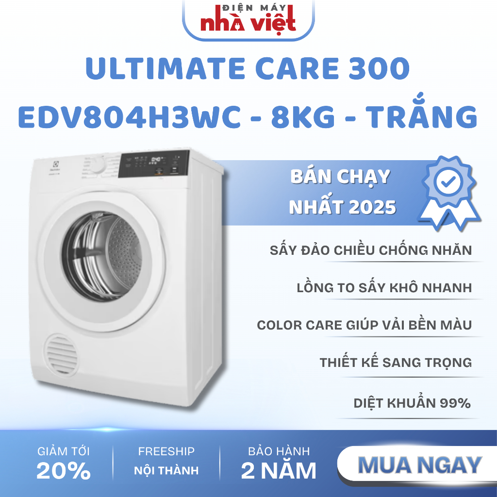 [EDV804H3WC] - Máy sấy quần áo Electrolux thông hơi 8kg Trắng