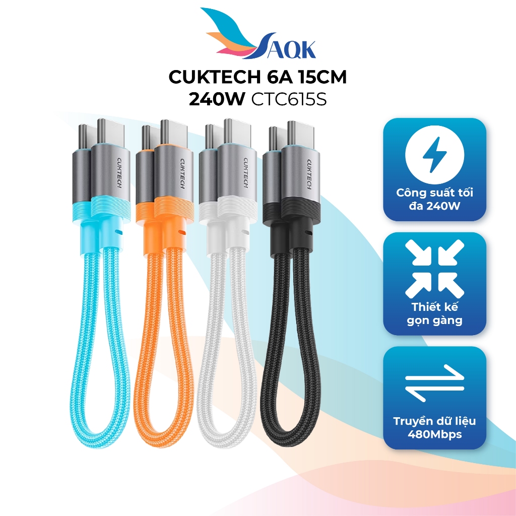 Cáp USB Type-C to Type-C Cuktech 6A 15cm 240W CTC615S - Hàng chính hãng