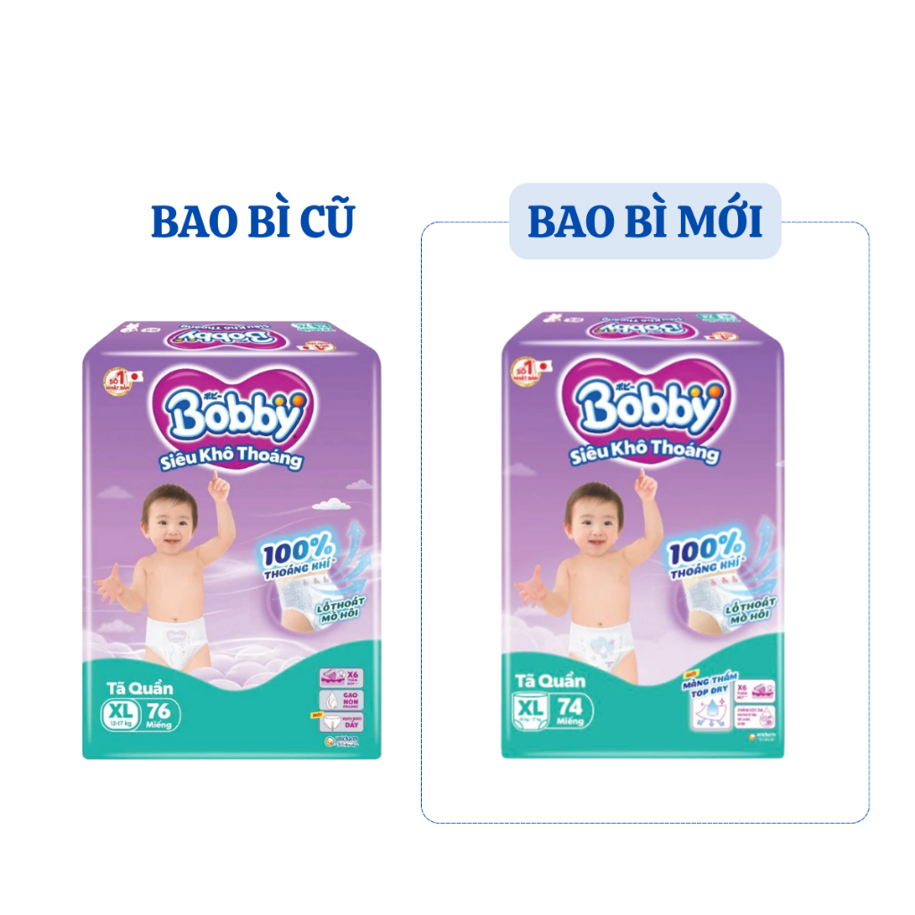 [BOBBY] Tã quần Bobby Siêu Khô Thoáng size XL76 cho bé 12-17kg (nay đổi thành XL74 miếng)