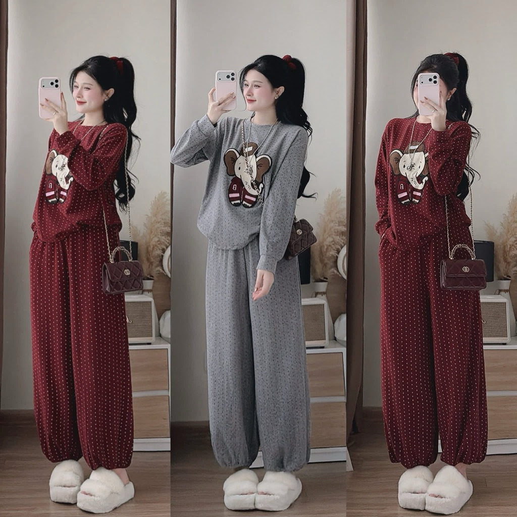 Set Bộ Nữ , Set Bộ Tăm Lông Thỏ Thêu Nổi Chú Voi