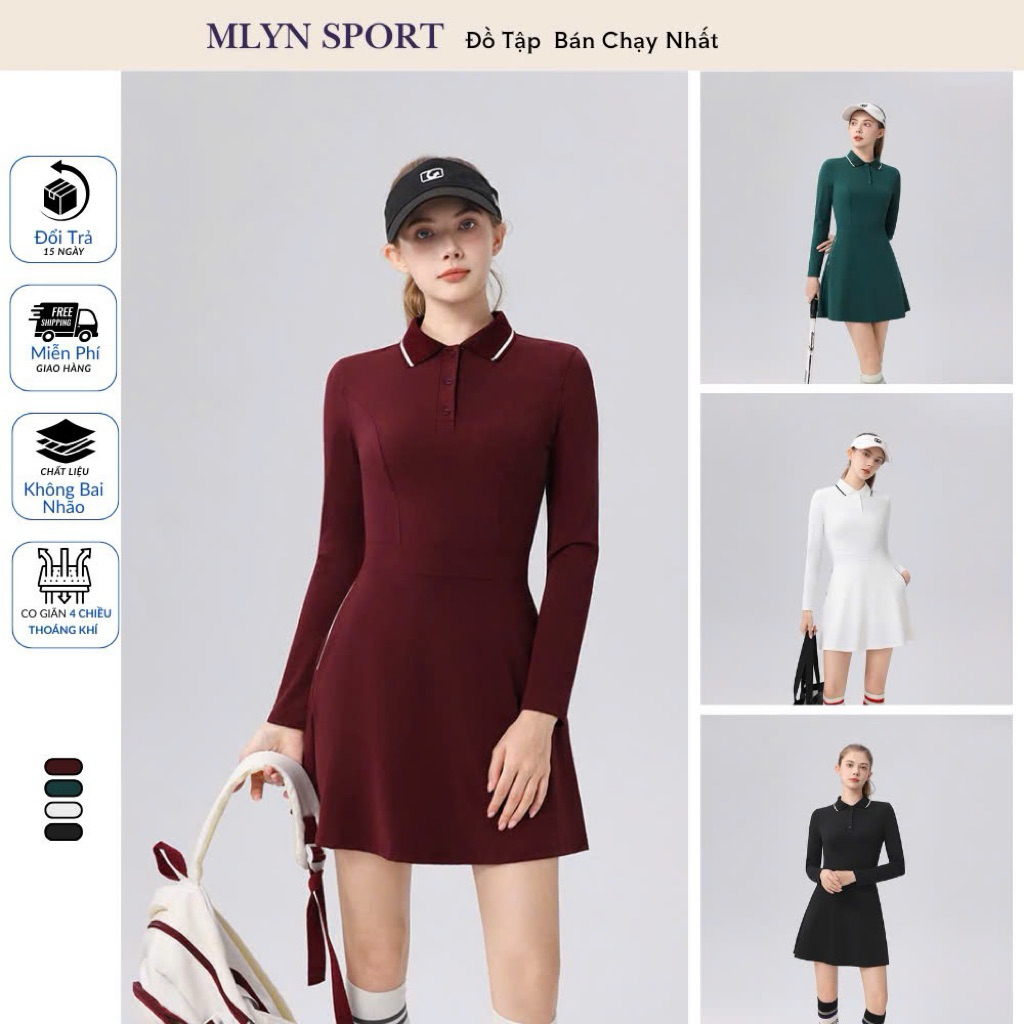 MLYN SPORT Đầm Golf Nữ Tay Dài Cổ Polo Dáng Xòe, Váy Thể Thao Co Giãn 4 Chiều, Che Bụng Tôn Dáng -SK