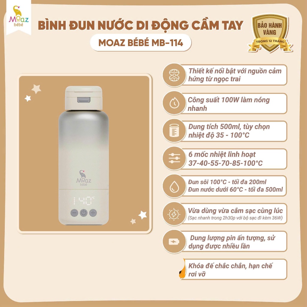Bình đun, hâm nước pha sữa di động cầm tay MOAZ BEBE MB114