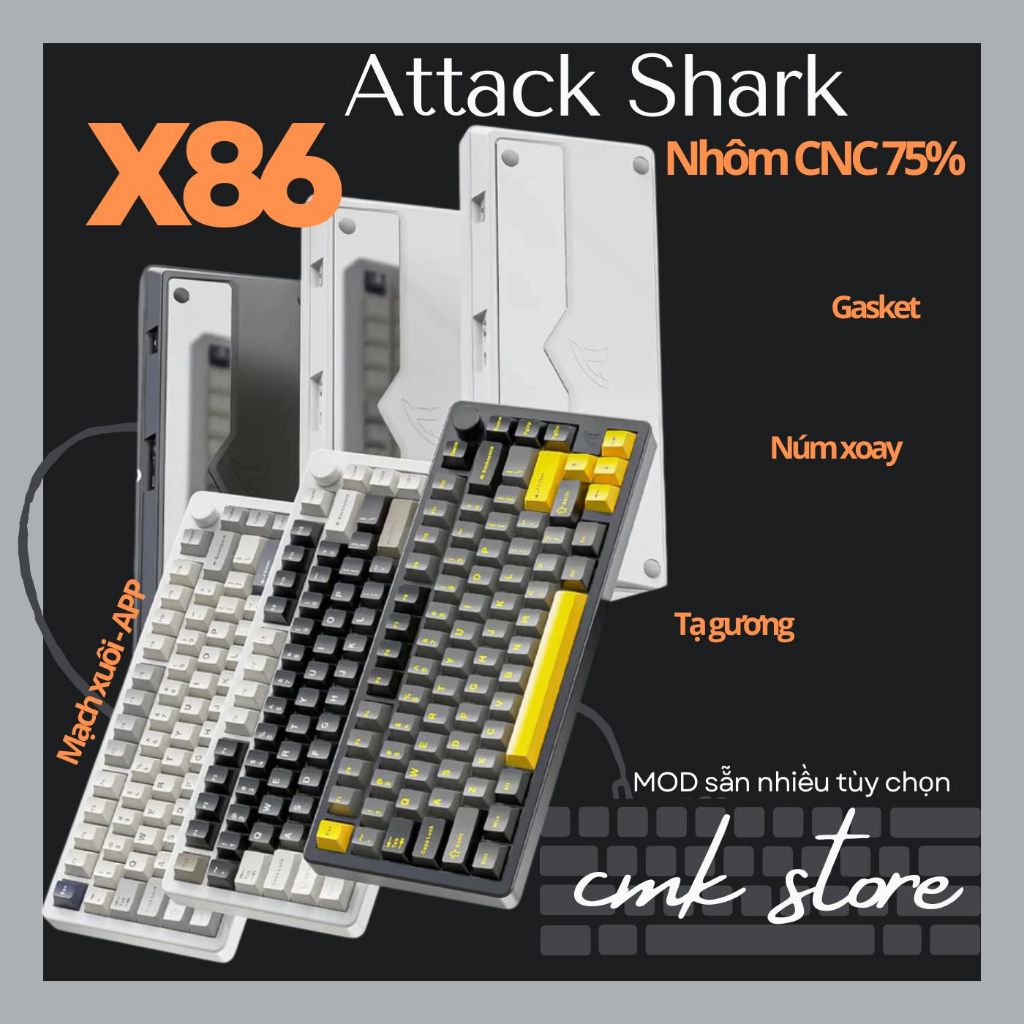Bàn Phím Cơ Không Dây Nhôm 75% CNC Attack Shark X86 - Ziyou - Led Mạch Xuôi - Keycap PBT Double shot