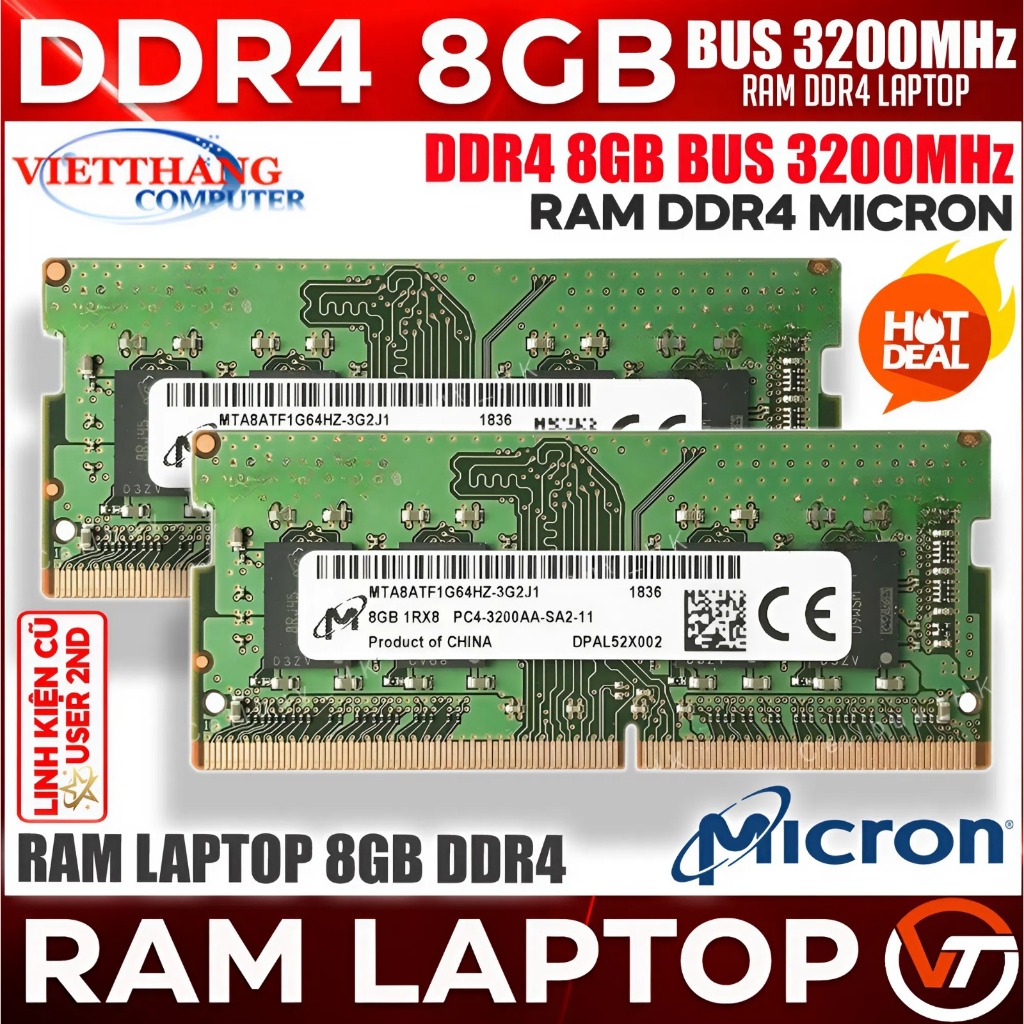 Ram Máy Tính Laptop Micron 8GB DDR4 Bus 3200Mhz Dùng cho Laptop Tháo máy đẹp như mới ( Cũ - 2nd )