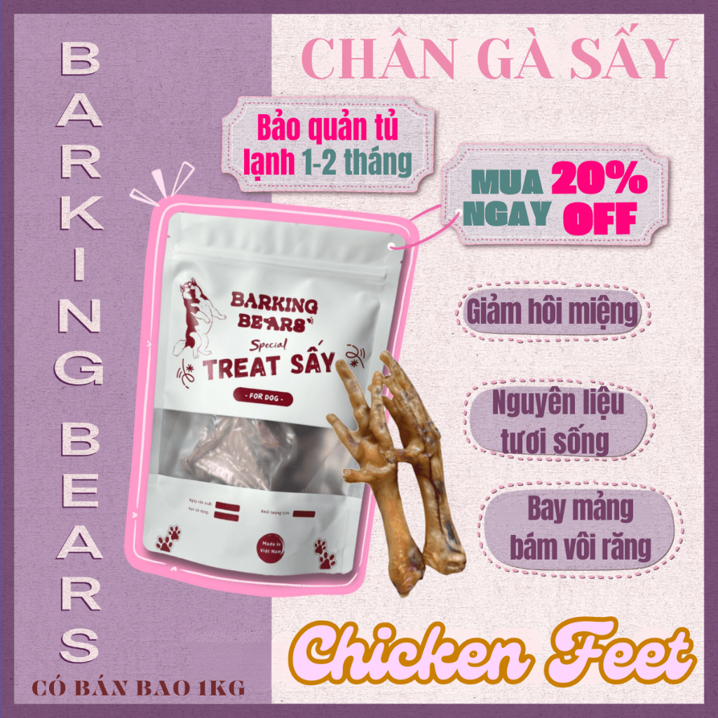 [Barking Bears] Chân Gà Tươi Sấy Giòn Mềm Xương Gặm Treat Bánh Thưởng Cho Chó Mèo Sạch Răng Bay Mảng