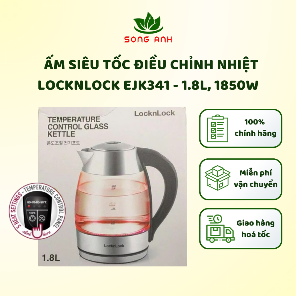 Ấm siêu tốc thủy tinh LocknLock EJK341 - 1.8L, 1850W điều chỉnh nhiệt độ, đèn Led đổi màu