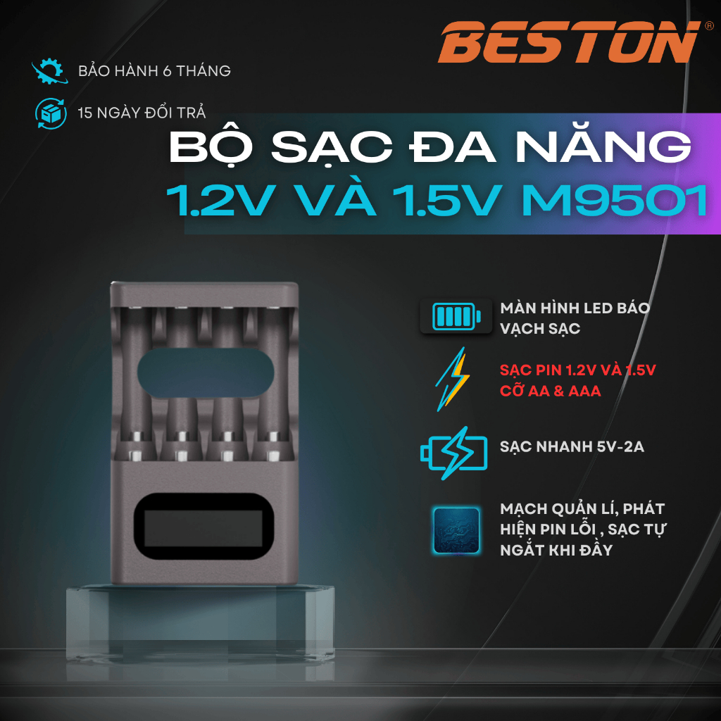 Bộ Sạc Pin BESTON M9501 sạc cả 2 loại 1.2V/1.5V AA AAA cổng sạc USB-C Sạc nhanh Tự ngắt Màn hình LCD