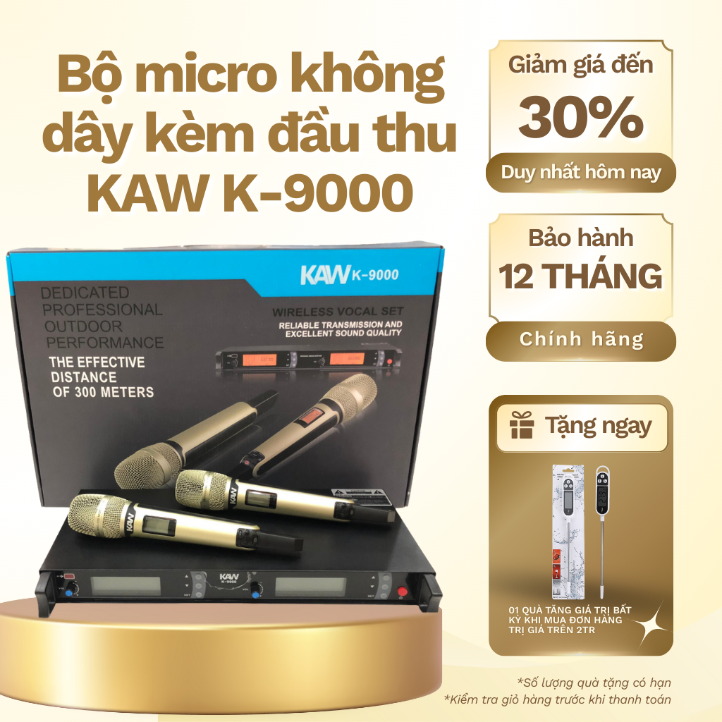 Bộ micro không dây kèm đầu thu KAW K-9000, màn hình LCD, tín hiệu mạnh, chống hú, chống vang vọng