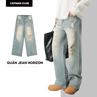  Quần jean nam ống rộng HORIZON màu xanh retro CAPMAN CLUB quần dài nam denim wash rách trẻ trung 