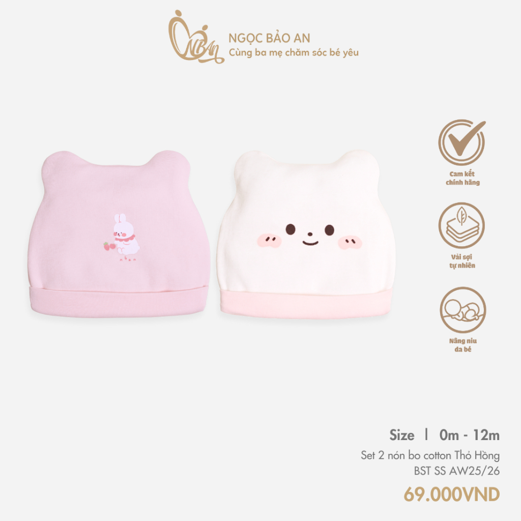 M&B (0-3M) Set 2 nón sơ sinh chất cotton cao cấp mềm mịn không bị ngấn trán, bảo về đầu bé, thoáng mát BST SS25