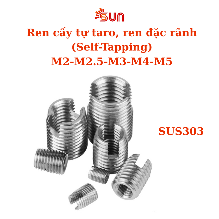 [25pcs,50pcs] Ren đặc rãnh M2-M5, Ren cấy tự taro M2, M2.5, M3, M4, M5 - Ren cấy đặc, ren đặc inox