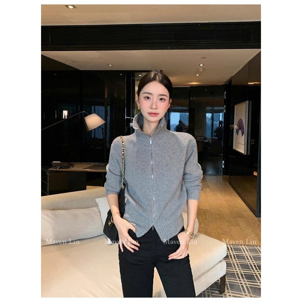 [MAVEN LIN] Áo khoác cardigan cổ đứng bằng len 100% hiệu Maven Lin Smart Mode dành cho nữ -màu xam t