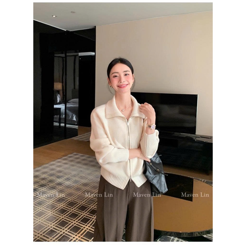 [MAVEN LIN] Áo khoác cardigan cổ đứng bằng len 100% hiệu Maven Lin Smart Mode dành cho nữ -màu trắng