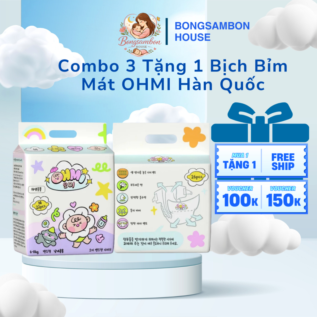 Combo 3 Tặng 1 Bịch Bỉm Mát OHMI Hàn Quốc - Khô Thoáng, Siêu Thấm Hút - Tã Bỉm Dán/Quần Đủ Size Từ S