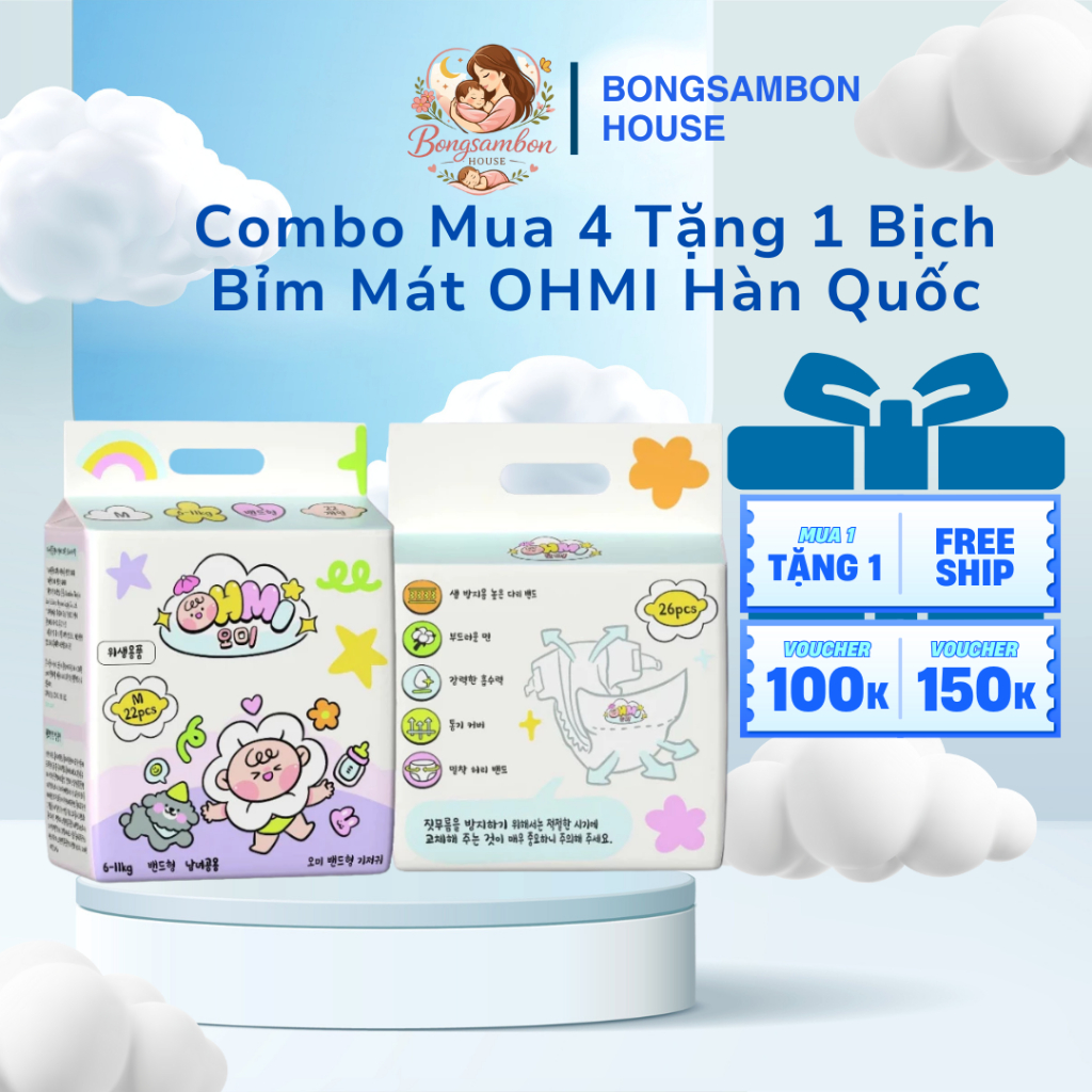 Combo Mua  4 Tặng 1 Bịch Bỉm Mát OHMI Hàn Quốc - Siêu Thấm Hút, Khô Thoáng - Tã Bỉm Dán/Quần Đủ Size
