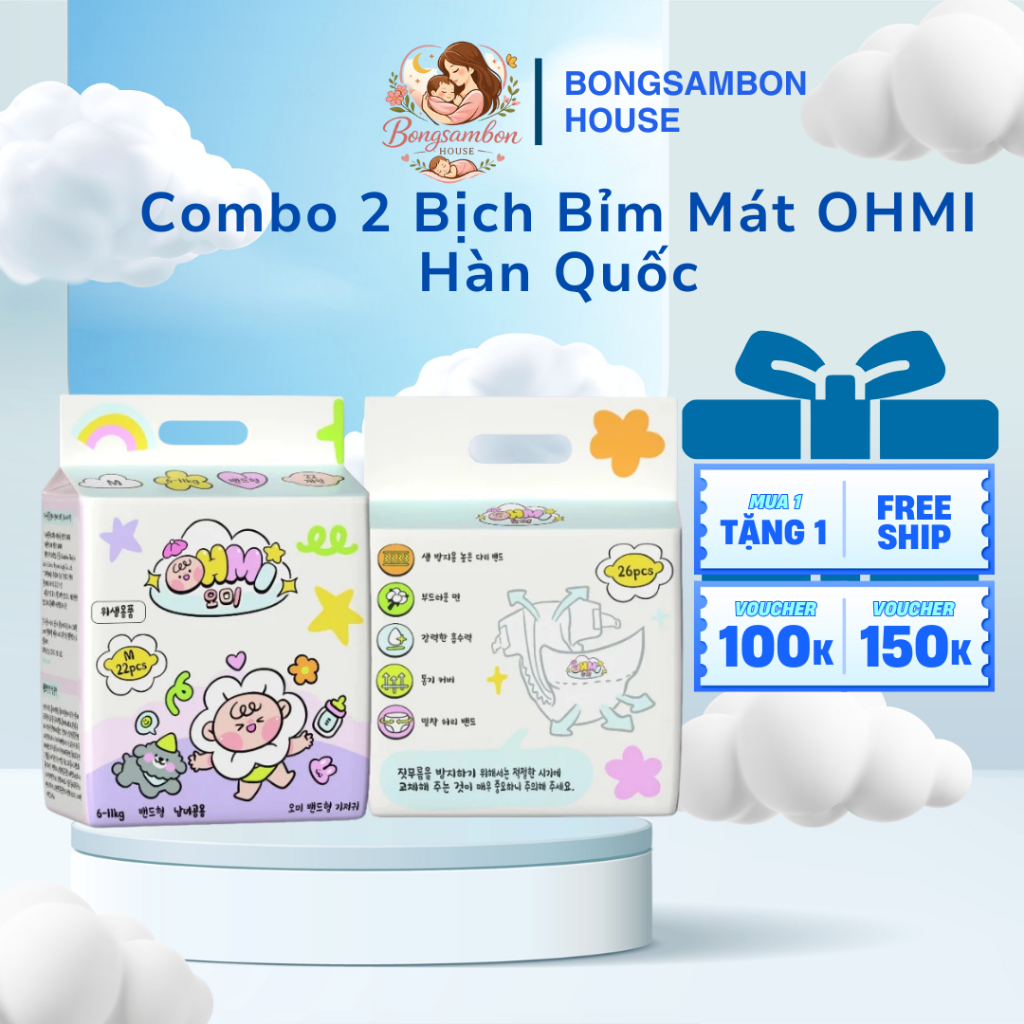 Combo 2 Bịch Bỉm Mát OHMI Hàn Quốc - Khô Thoáng, Siêu Thấm Hút - Tã Bỉm Dán/Quần Đủ Size Từ Sơ Sinh 