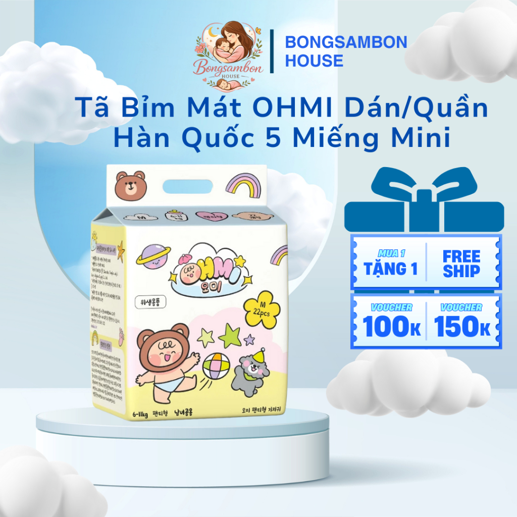 Tã Bỉm Mát OHMI Dán/Quần Hàn Quốc 5 Miếng Mini - Khô Thoáng 12H, Siêu Thấm Hút - Đủ Size Từ Sơ Sinh 