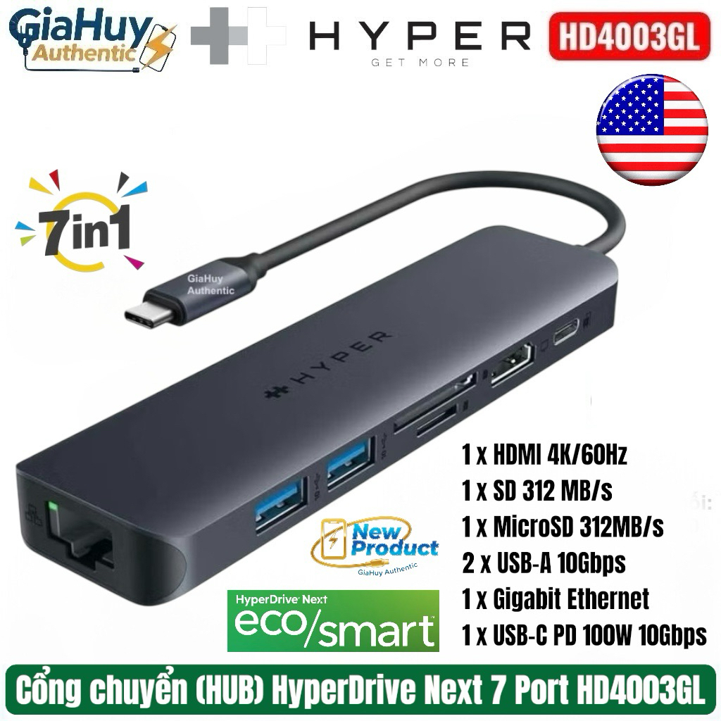 Cổng chuyển HyperDrive Next 7 Port HD4003GL: HDMI, microSD & SD 312 MB/s, 2 USB-A 10Gbps, C Hub 10Gb