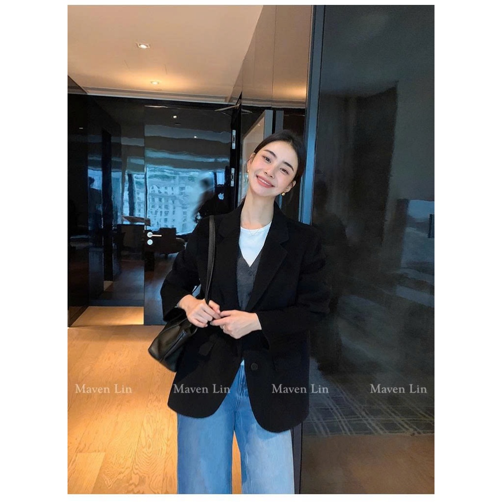 [MAVEN LIN] Áo blazer hai mặt phong cách Ý tối giản Maven Lin, kiểu dáng thanh lịch -màu đen